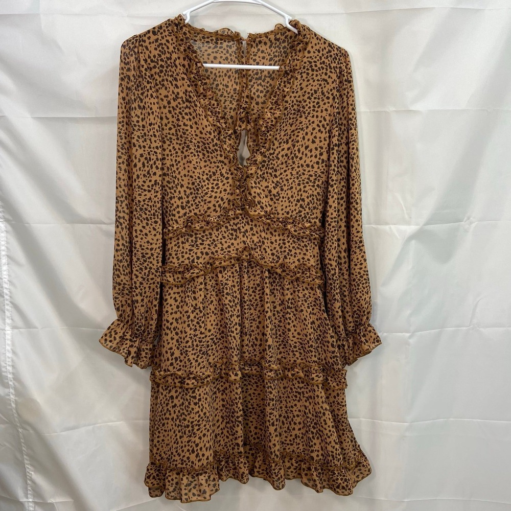Women's brown leopard print ruffle deep v-neck flowy long sleeve casual dress S‎